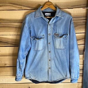 Carhartt distressed fleece lined Light Blue Denim Work Shirt Jacket size small